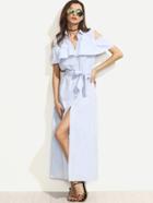 Shein Open Shoulder Flounce Button Tie Waist Shirt Dress