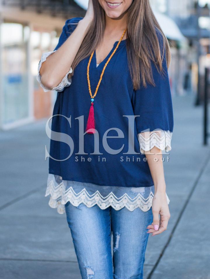 Shein Blue Split Round Neck Crochet Lace Blouse