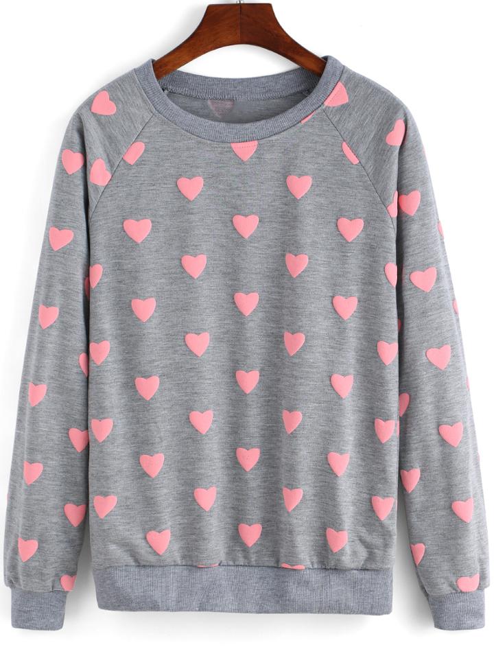 Shein Grey Round Neck Hearts Patterned Sweatshirt