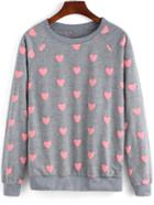Shein Grey Round Neck Hearts Patterned Sweatshirt