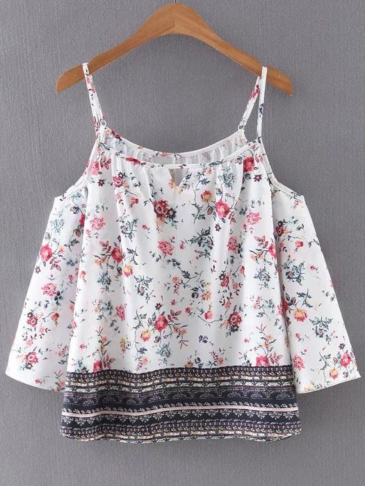 Shein Multicolor Open Shoulder Floral Print Spaghetti Strap Blouse