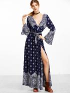 Shein Navy Ornate Print Bell Sleeve Wrap Dress With Belt