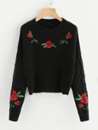 Shein Rose Embroidered Cable Knit Sleeve Jumper