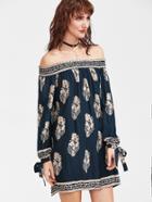 Shein Navy Vintage Print Off The Shoulder Tie Sleeve Dress