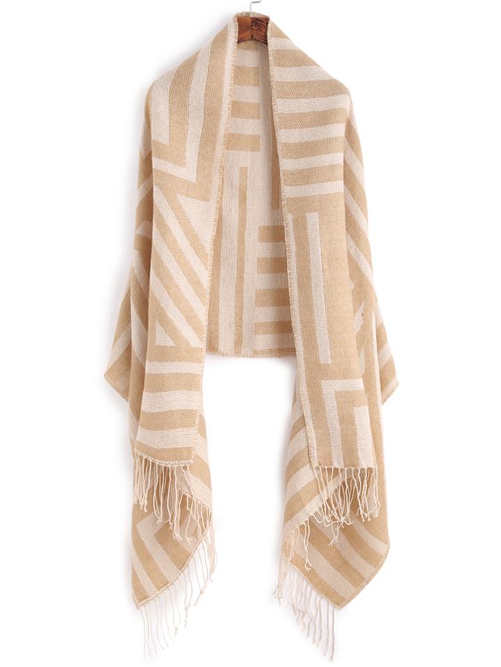 Shein Khaki Stripe Fringe Edge Shawl Scarf