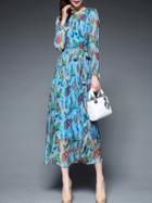 Shein Blue Round Neck Long Sleeve Tie-waist Fishs Print Dress