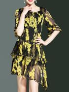 Shein Bell Sleeve Floral Asymmetric Dress