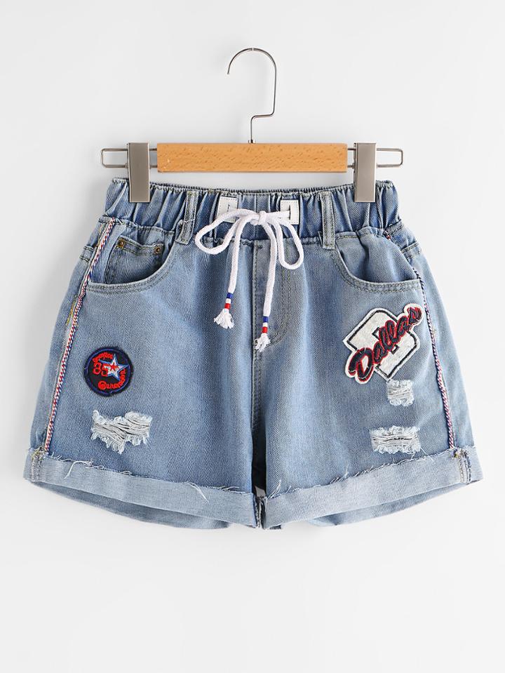 Shein Ripped Cuffed Denim Shorts With Embroidered Badges