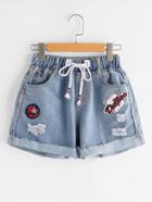 Shein Ripped Cuffed Denim Shorts With Embroidered Badges