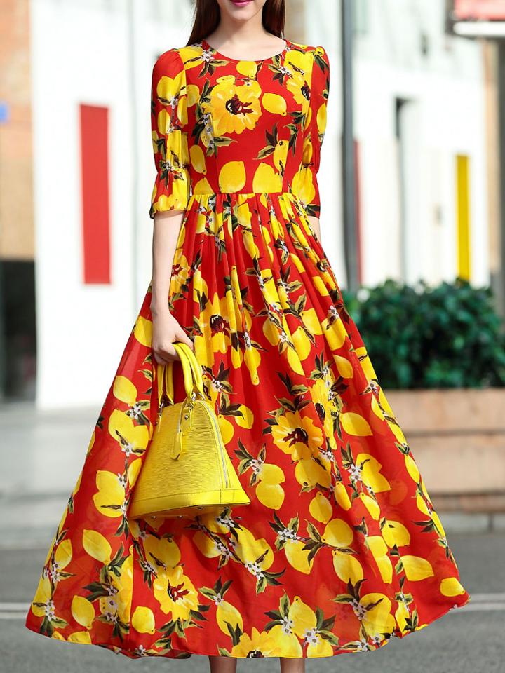 Shein Red Lemon Print Belted Bell Sleeve Maxi Dress