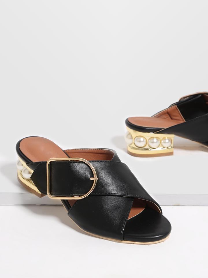 Shein Black Buckle Pu Chunky Heeled Sandals