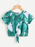 Shein Palm Leaf Print Knot Front Tee