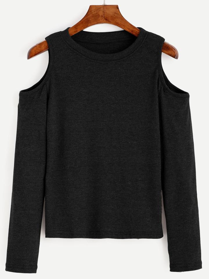 Shein Black Open Shoulder Knit T-shirt