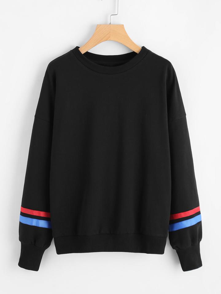 Shein Striped Ribbon Patched Sleeve Pullover