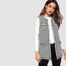 Shein Pearls Beaded Contrast Trim Tweed Vest