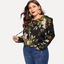 Shein Plus Lace-up V Neck Ruffle Detail Floral Blouse