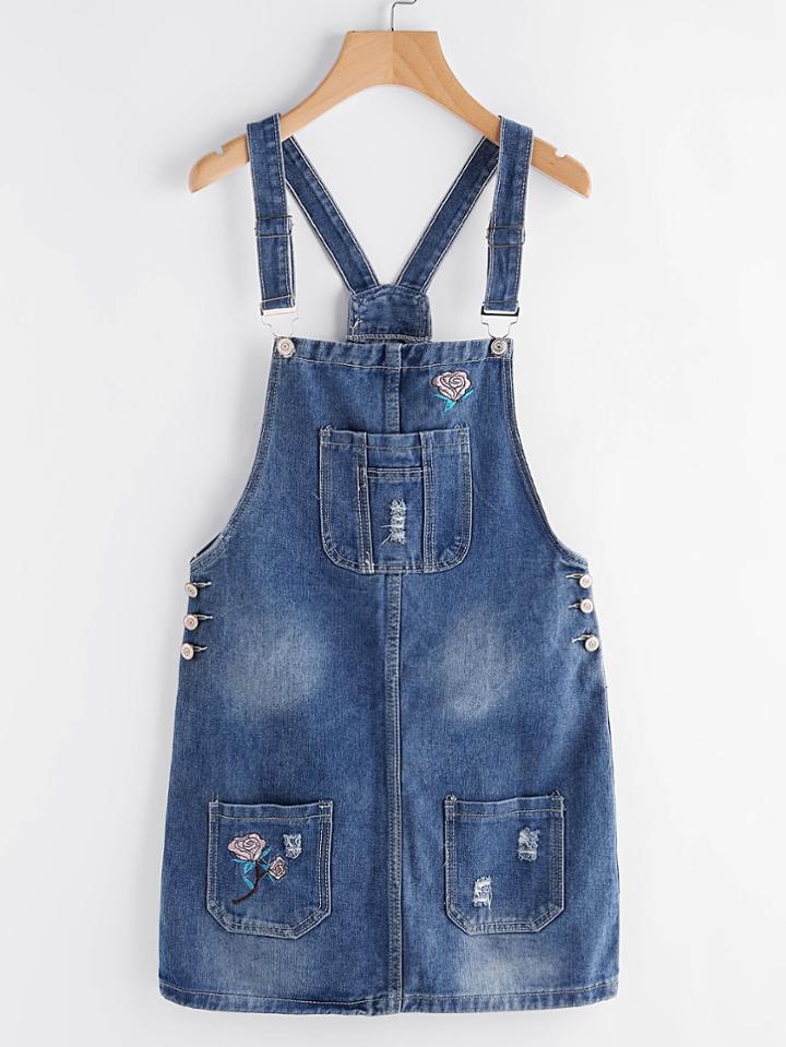 Shein Embroidery Detail Pockets Front Overall Dress