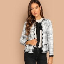 Shein Tie Neck Whipstitch Detail Tweed Coat
