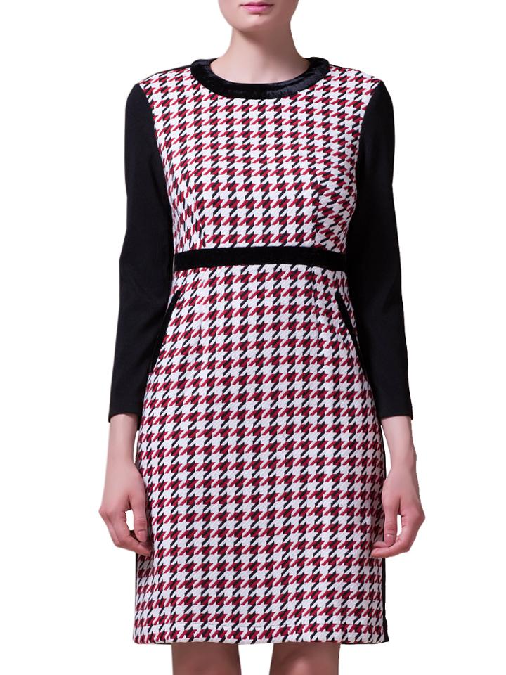 Shein Red Crew Neck Houndstooth Pockets Sheath Dress