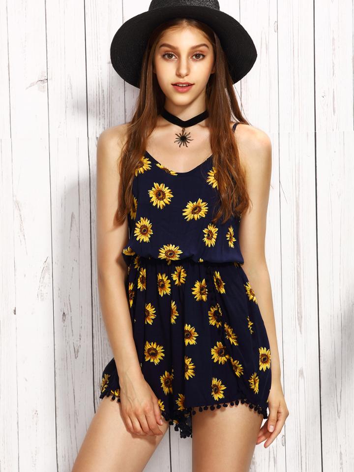 Shein Navy Sunflower Print Pom Pom Trim Cami Romper