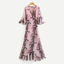 Shein Botanical Print Ruffle Trim Wrap Dress