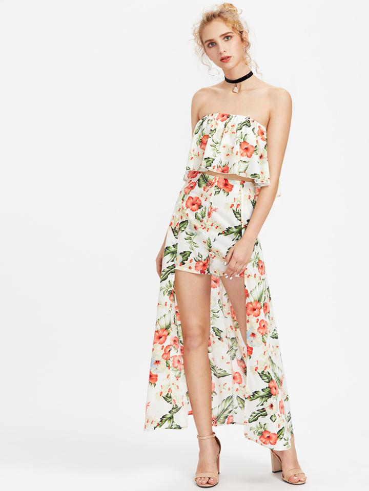 Shein Tropical Trapeze Tube Top And Maxi Shorts Co-ord