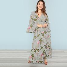 Shein Plus Surplice Neck Striped And Floral Knot Dress