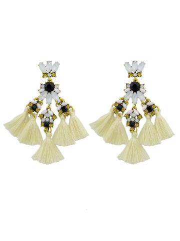 Shein Beige Rhinestone And Colorful Tassel Big Geometric Chandeliers Earrings