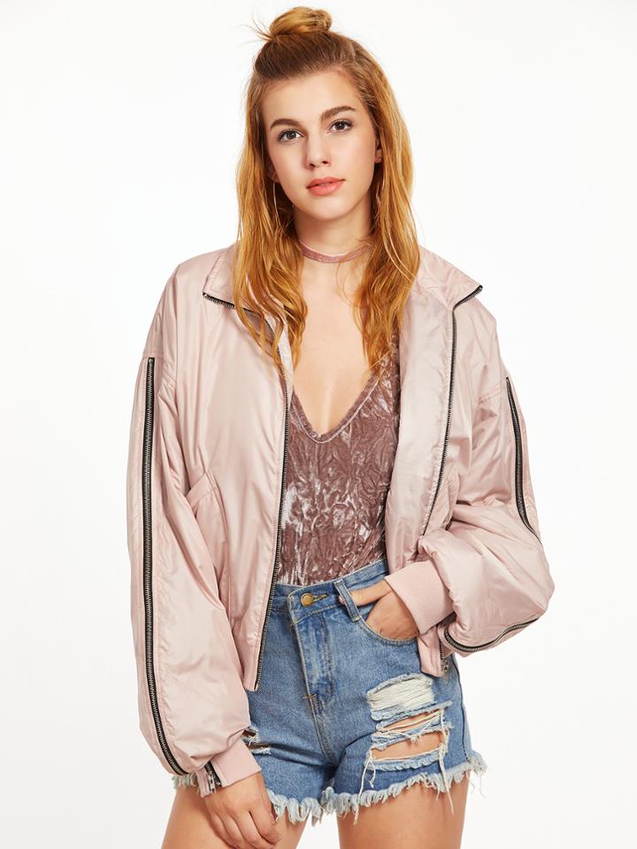 Shein Pink Zip Detail Sleeve Bomber Jacket