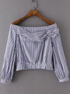 Shein Blue And White Vertical Striped Boat Neck Blouse