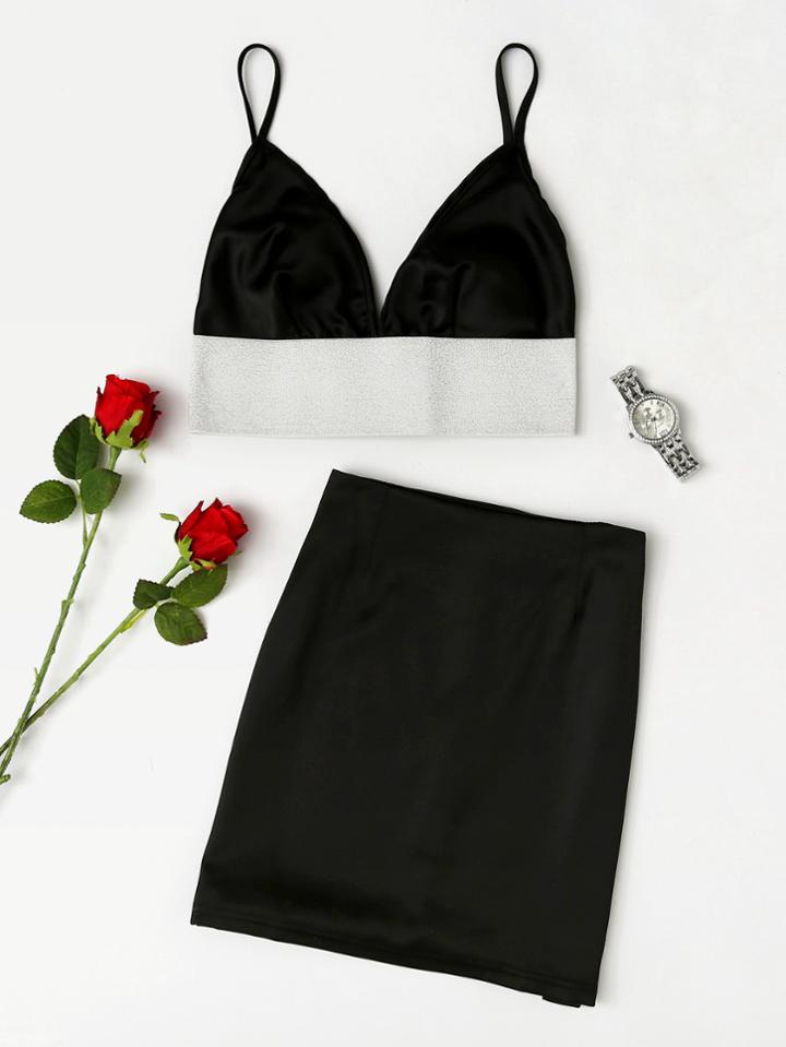 Shein Contrast Panel Crop Cami Top With Skirt