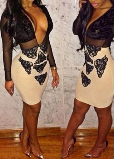 Rosewe Plunging Neck Lace And Mesh Splicing Dress