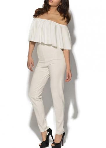 Rosewe Ruffle Decorated Off The Shoulder White Jumpsuit