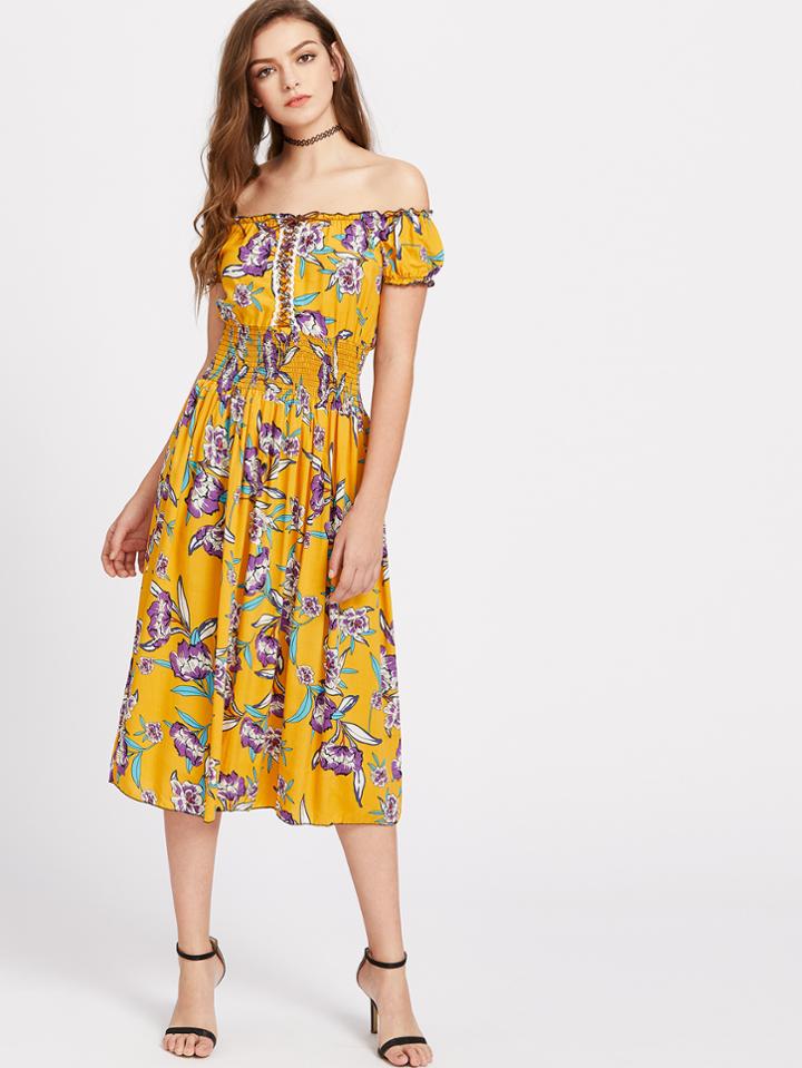 Shein Lace Up Detail Shirred Waist Floral Bardot Dress