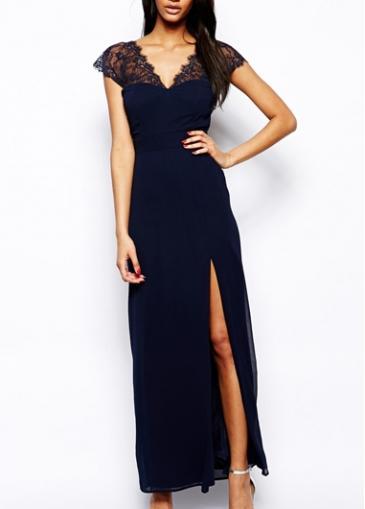 Rosewe Elegant Cap Sleeve V Neck Maxi Dress With Slit