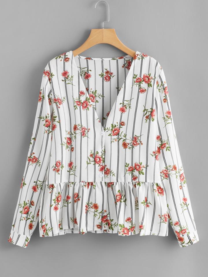 Shein Vertical Striped Florals Pep Hem Blouse