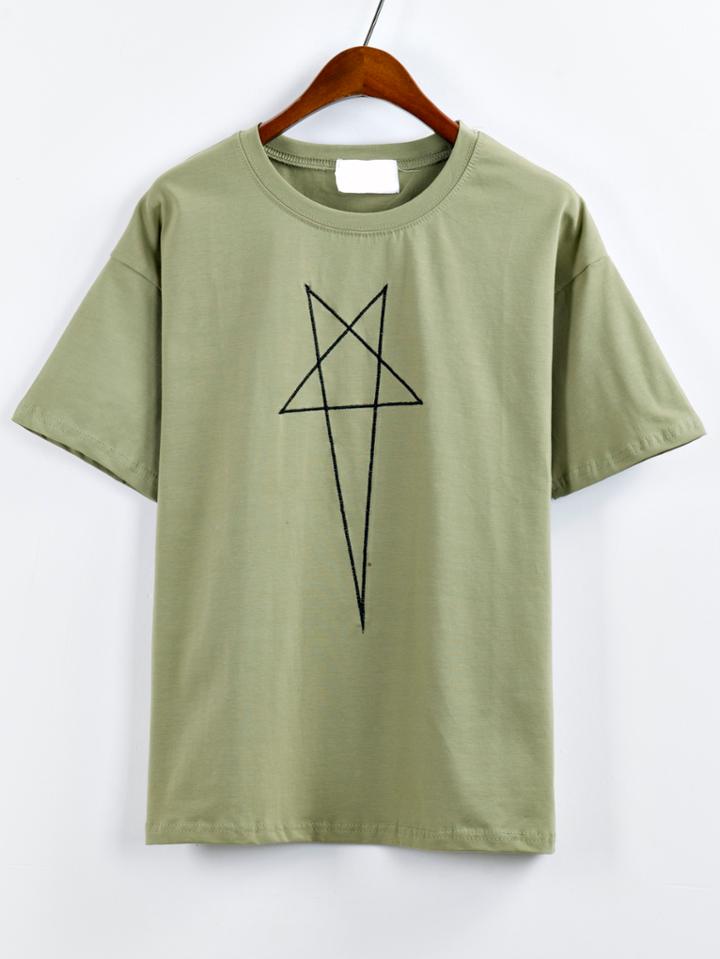 Shein Embroidered Star Olive Green T-shirt