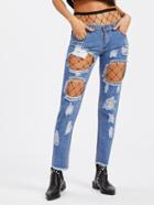Shein Raw Hem Shredded Jeans With Fishnet Stockings