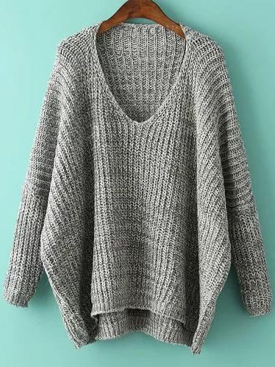 Shein Plunge Neck Batwing Sleeve Dip Hem Oversized Sweater