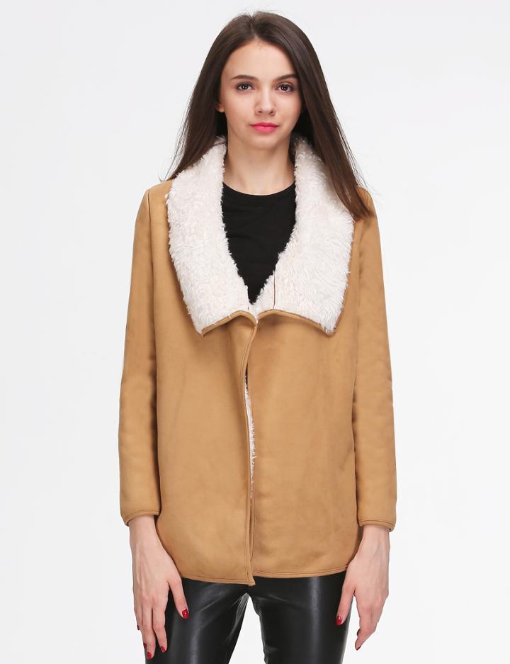 Shein Khaki Faux Fur Lapel Long Sleeve Loose Coat