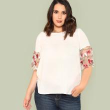 Shein Plus Flower Embroidered Mesh Sleeve Top