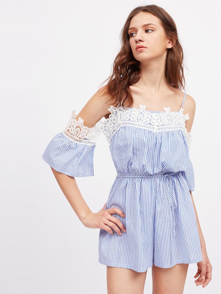Shein Contrast Lace Trim Tie Waist Striped Playsuit