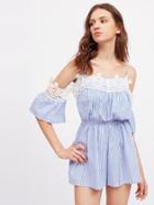 Shein Contrast Lace Trim Tie Waist Striped Playsuit