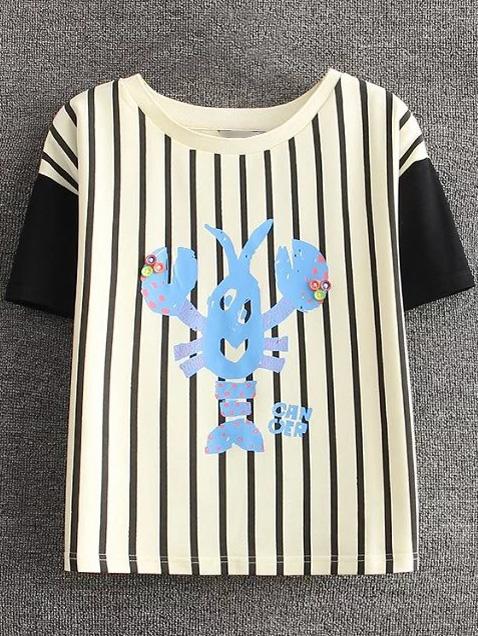 Shein Black And White Stripe Lobster Printed T-shirt