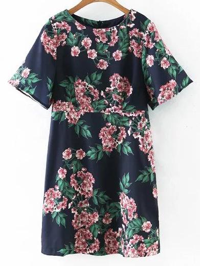 Shein Multicolor Short Sleeve Zipper Back Flowers Print Dress