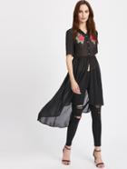 Shein Embroidered Flower Applique Button Up Empire Waist Sheer Blouse