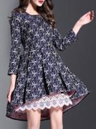 Shein Navy Jacquard Contrast Lace High Low Dress