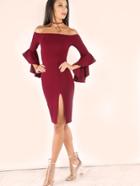 Shein Burgundy Off The Shoulder Bell Sleeve Split Dress
