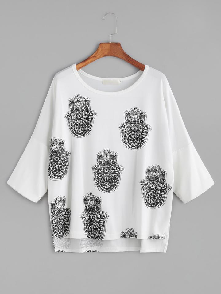 Shein White Print Slit Side High Low T-shirt