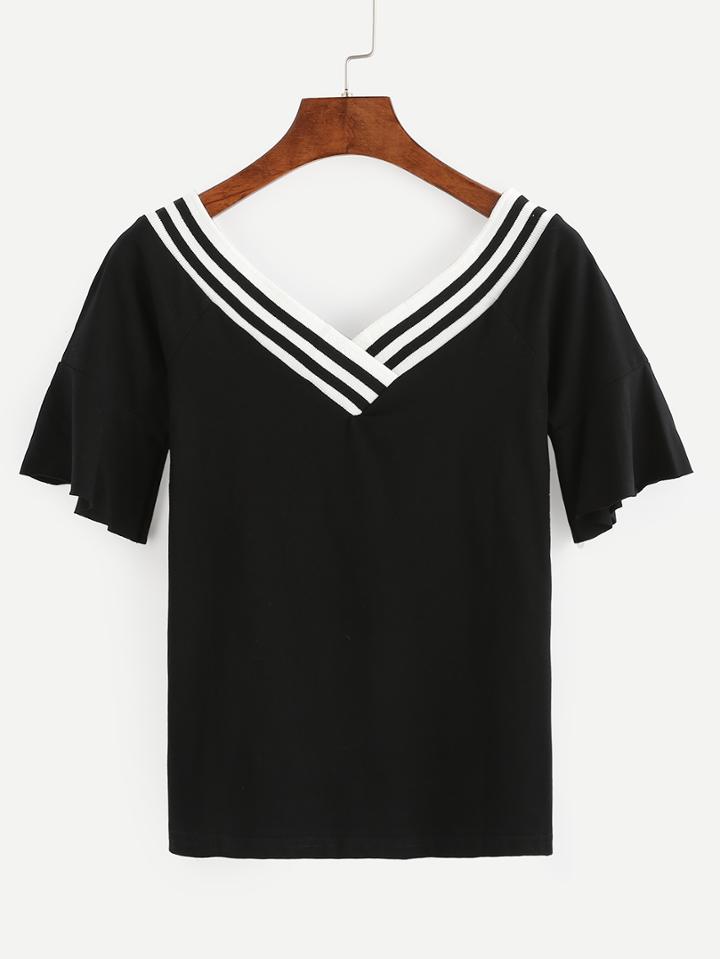 Shein Striped Double V-neck T-shirt - Black